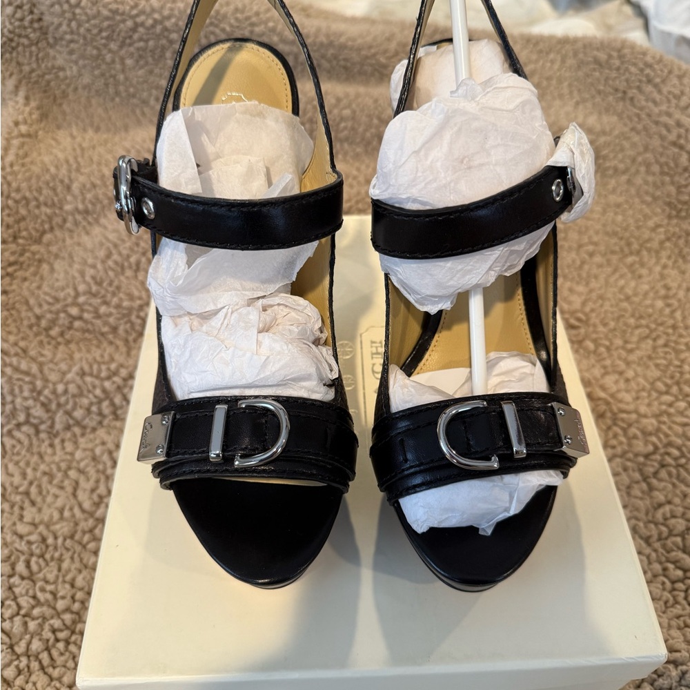 Coach Black Leather Buckle Slingback Heels